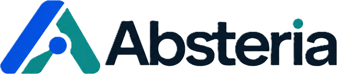 Logotipo oficial da Absteria com símbolo azul e verde ao lado do nome da empresa